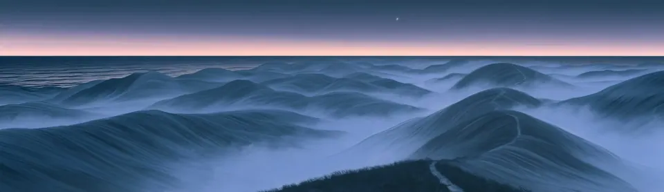 A wide evening view of misty hills rolling down to a calm sea under a fading pink sky.