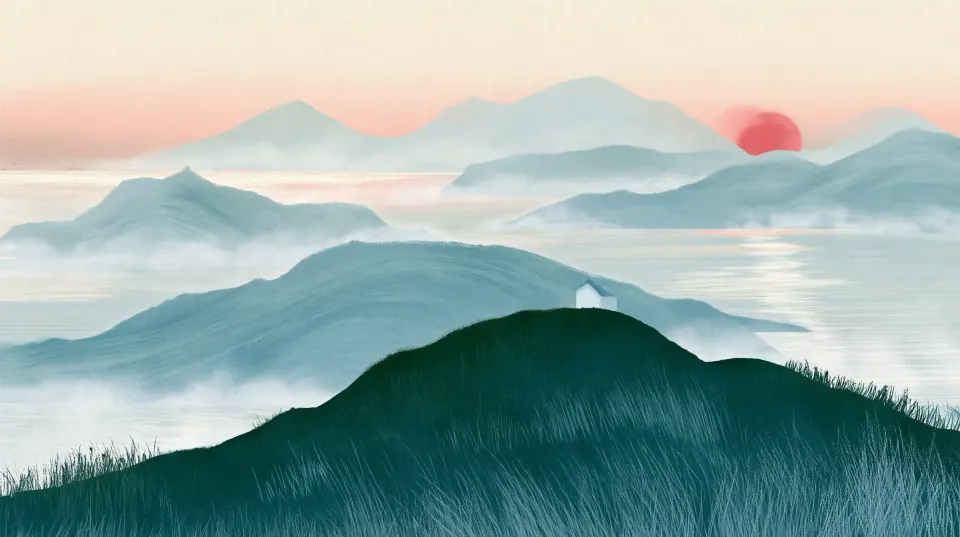 A small house on a hill above the sea at sunrise, mist lying between the hills.