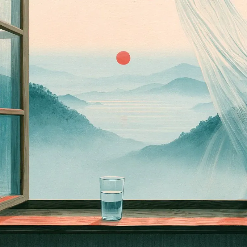 A glass of water on a windowsill at dawn, the sea and the rising sun beyond.