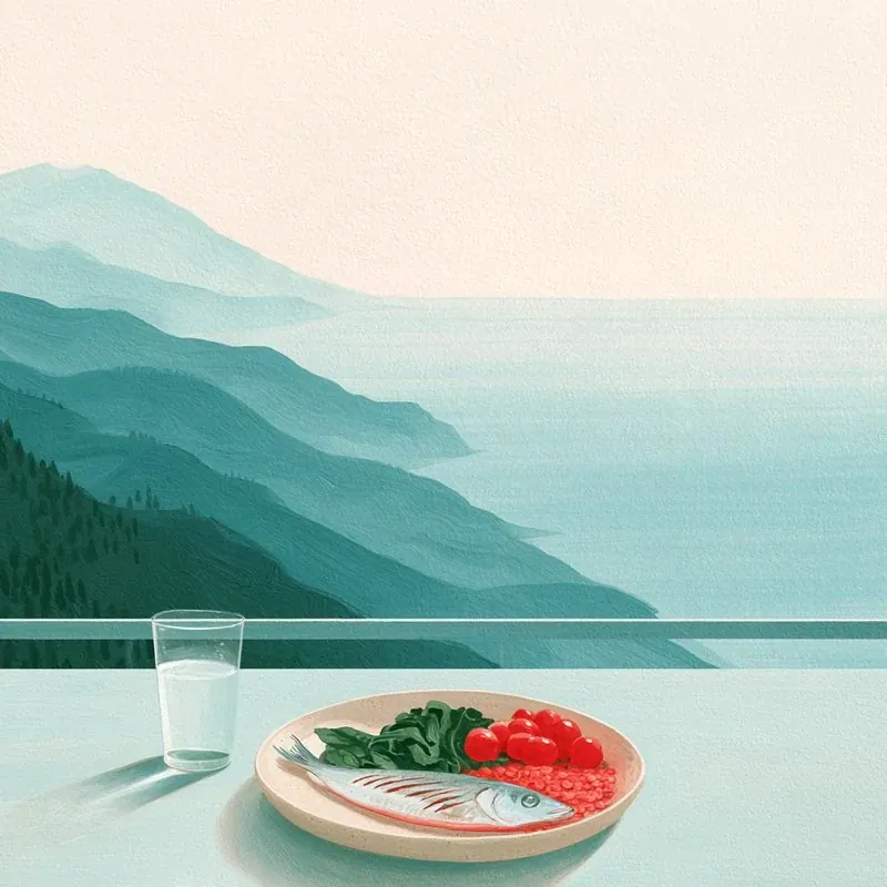 A simple lunch on a terrace table — fish, greens and tomatoes — with misty hills and the sea beyond.