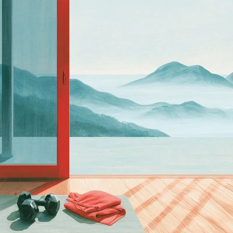 A pair of dumbbells and a folded towel on a sunlit floor by an open door to the hills.