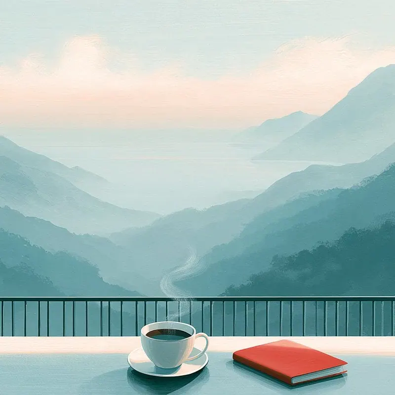 A cup of coffee and a closed notebook on a terrace table, misty hills behind.