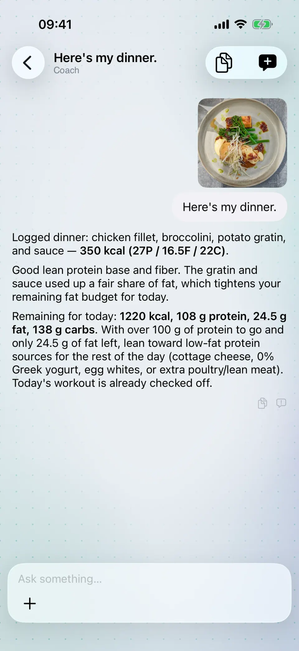 A chat with the team: a photo of a lunch plate, and the logged dish with calories, protein, fat and carbs.