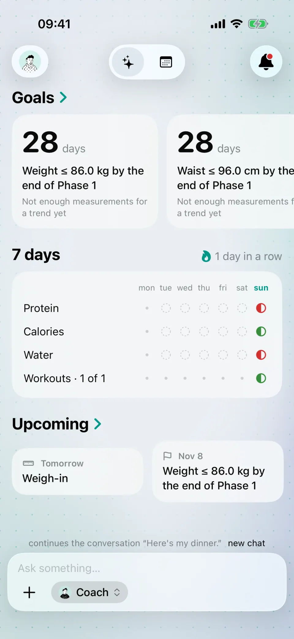 The home screen: today's calories, protein and water against your targets, and progress towards your goals.