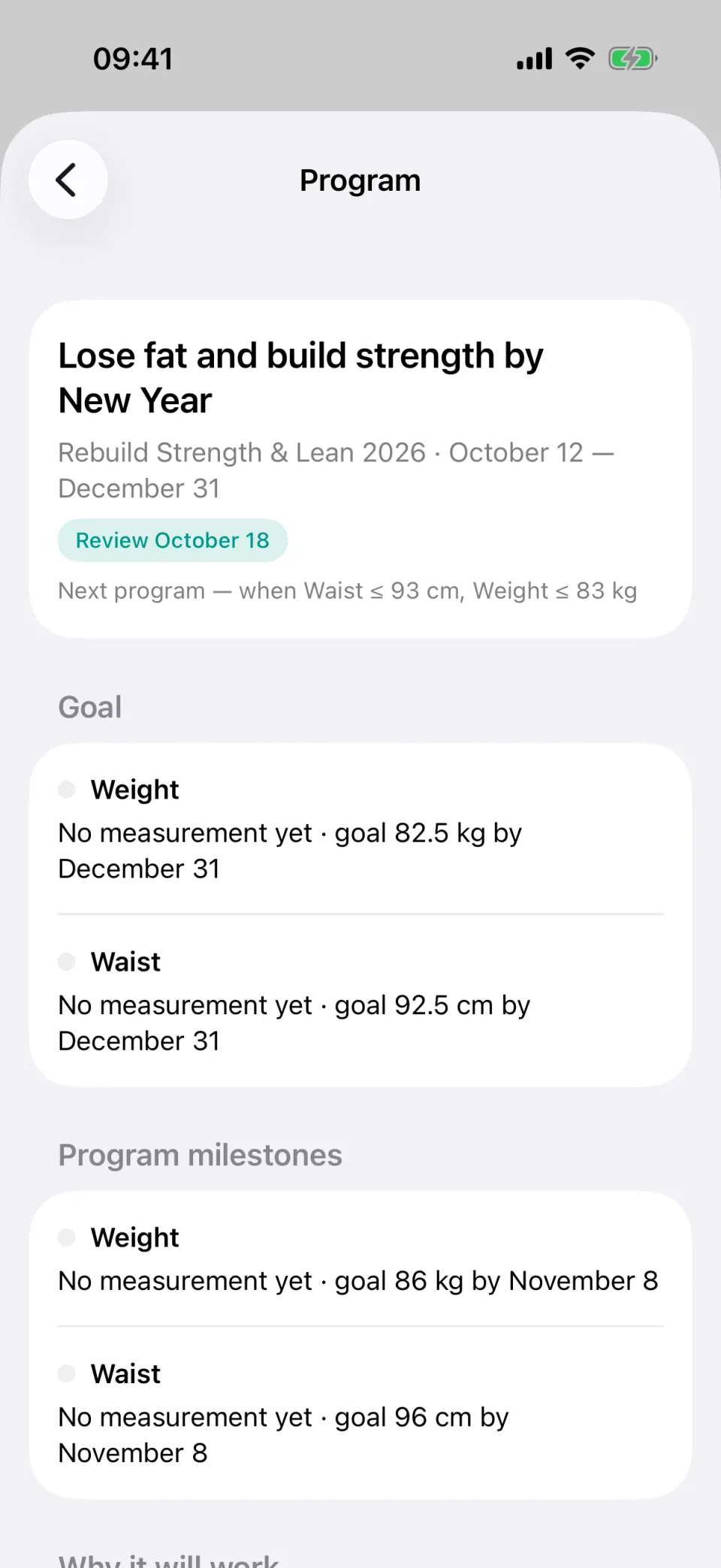 The program screen: the current phase, dated goals and daily targets.