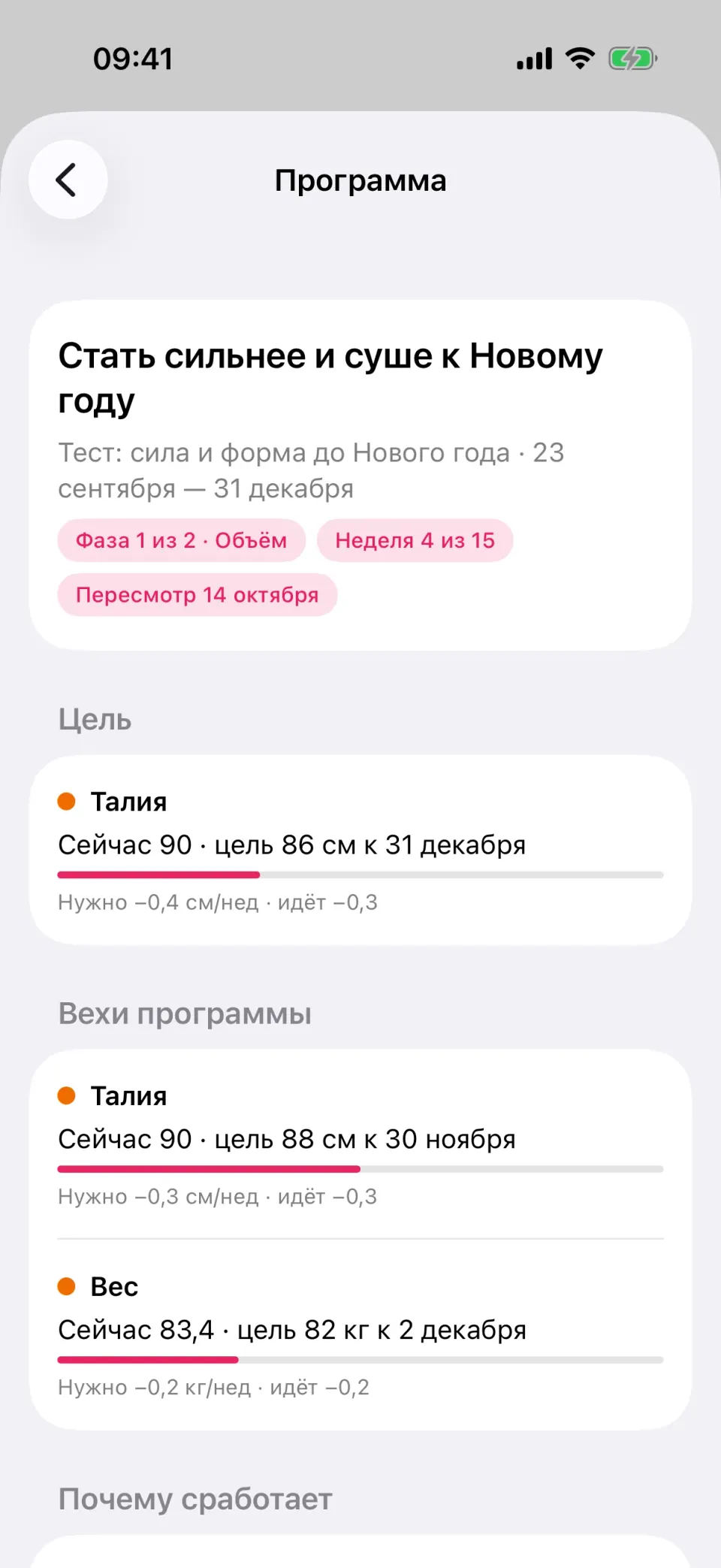 Экран программы: текущая фаза, цели со сроками и нормы на день.