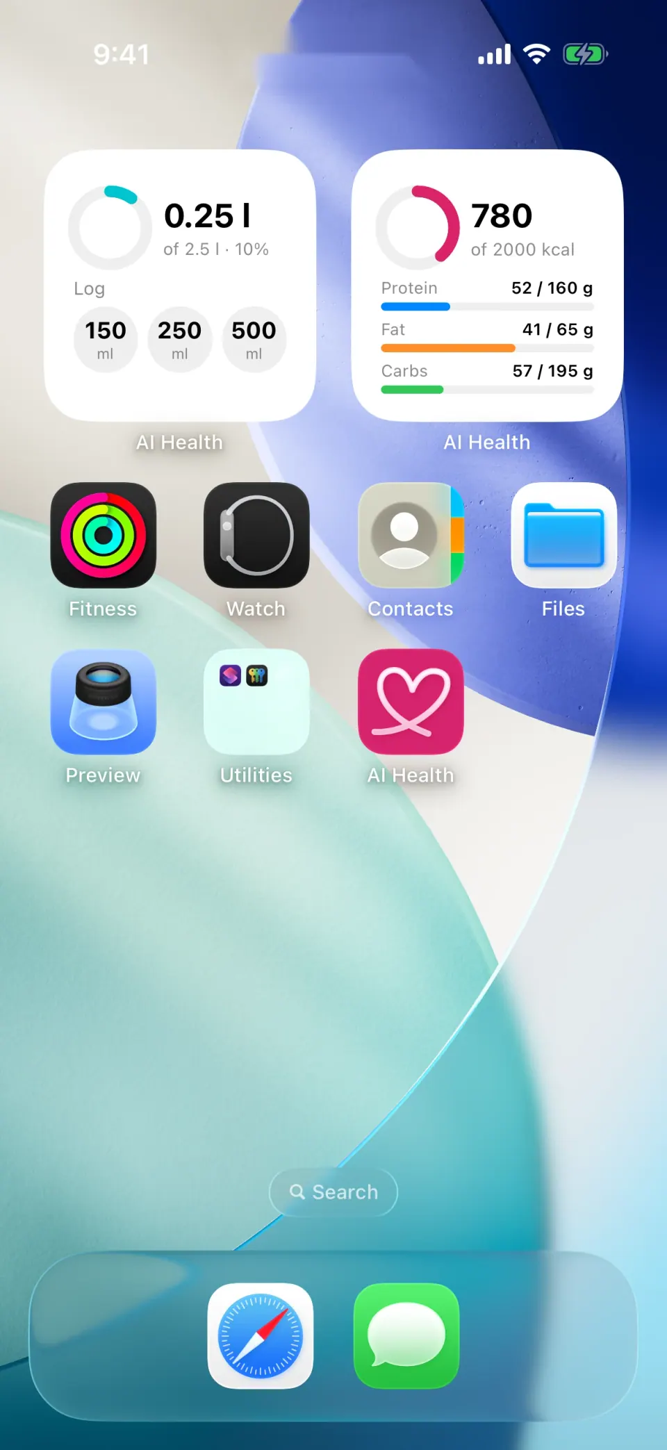 AkMe widgets on the iPhone Home Screen: water, calories and macros, supplements.