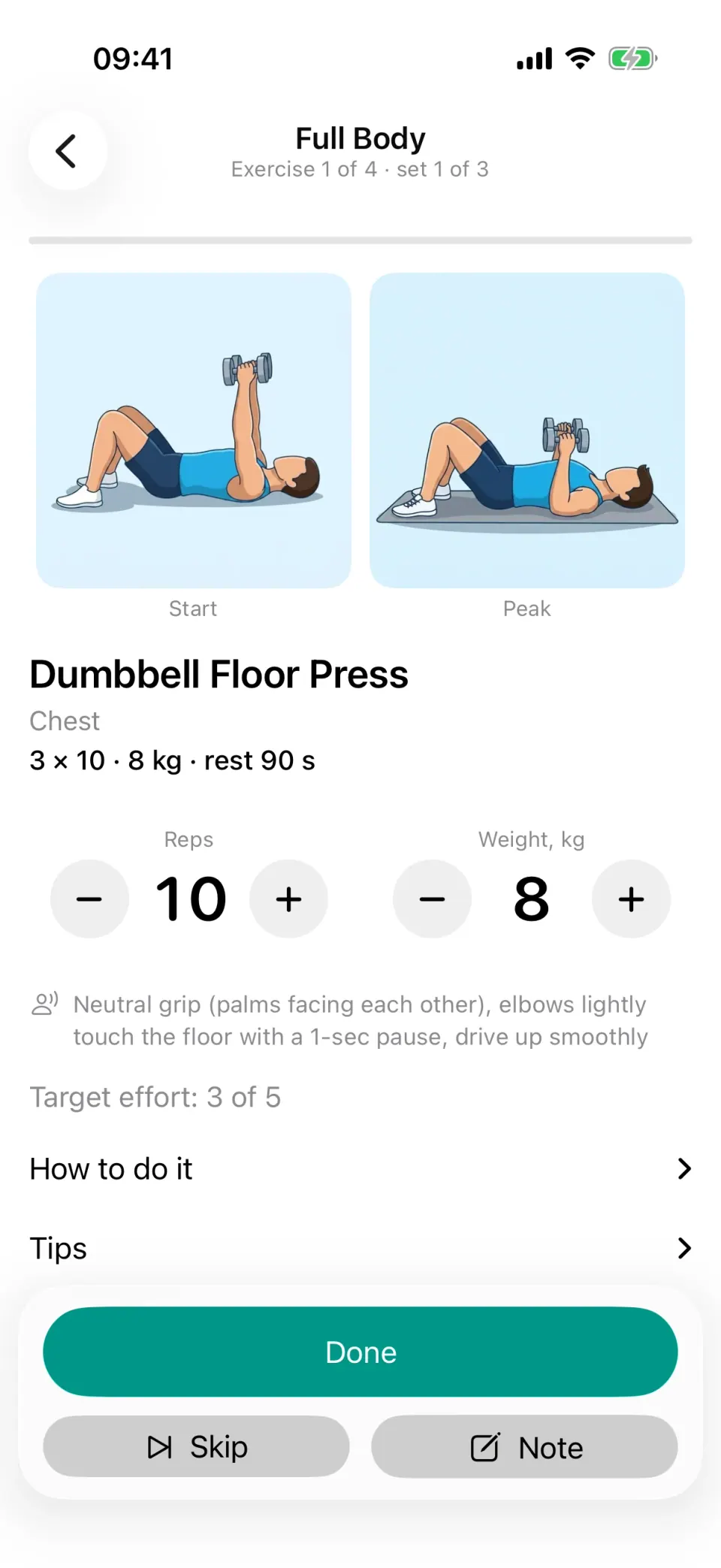 A dumbbell workout in progress: the exercise illustration, sets, weight and a rest timer.